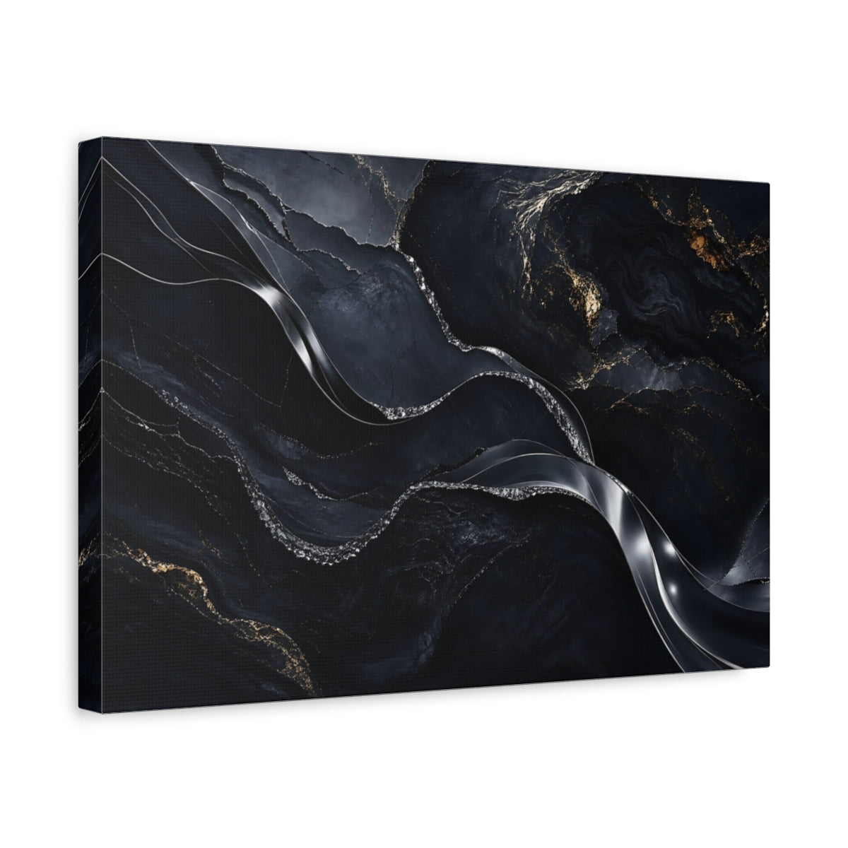 Side Mockup 4. Abstract Marble Veins Black And Gold shown as stretched canvas wall art