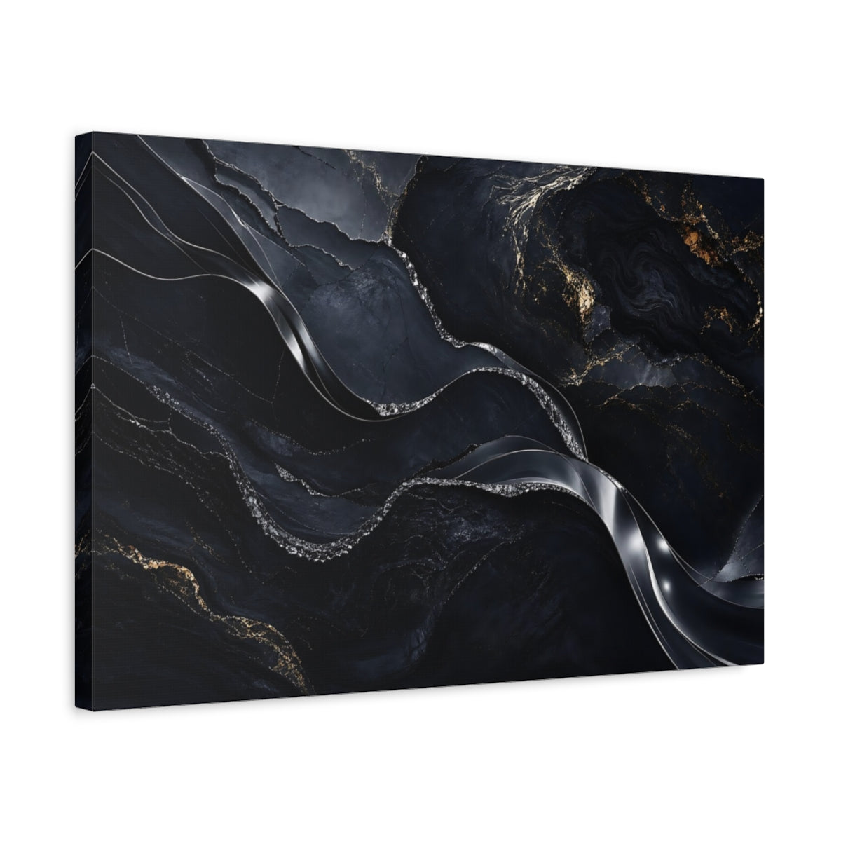 Side Mockup 3. Abstract Marble Veins Black And Gold shown as stretched canvas wall art