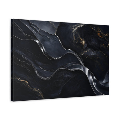 Side Mockup 3. Abstract Marble Veins Black And Gold shown as stretched canvas wall art