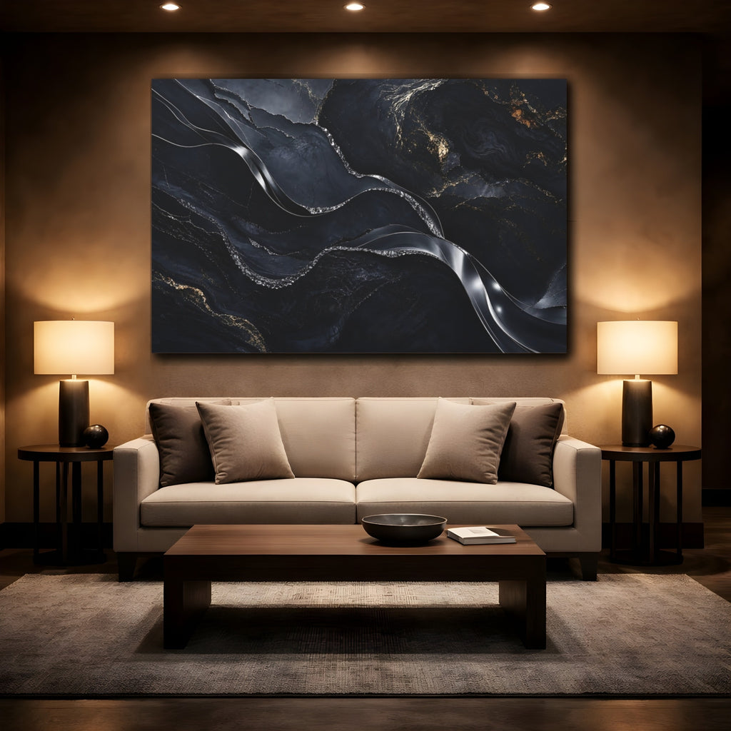 Mockup 2. Abstract Marble Veins Black And Gold shown as stretched canvas wall art