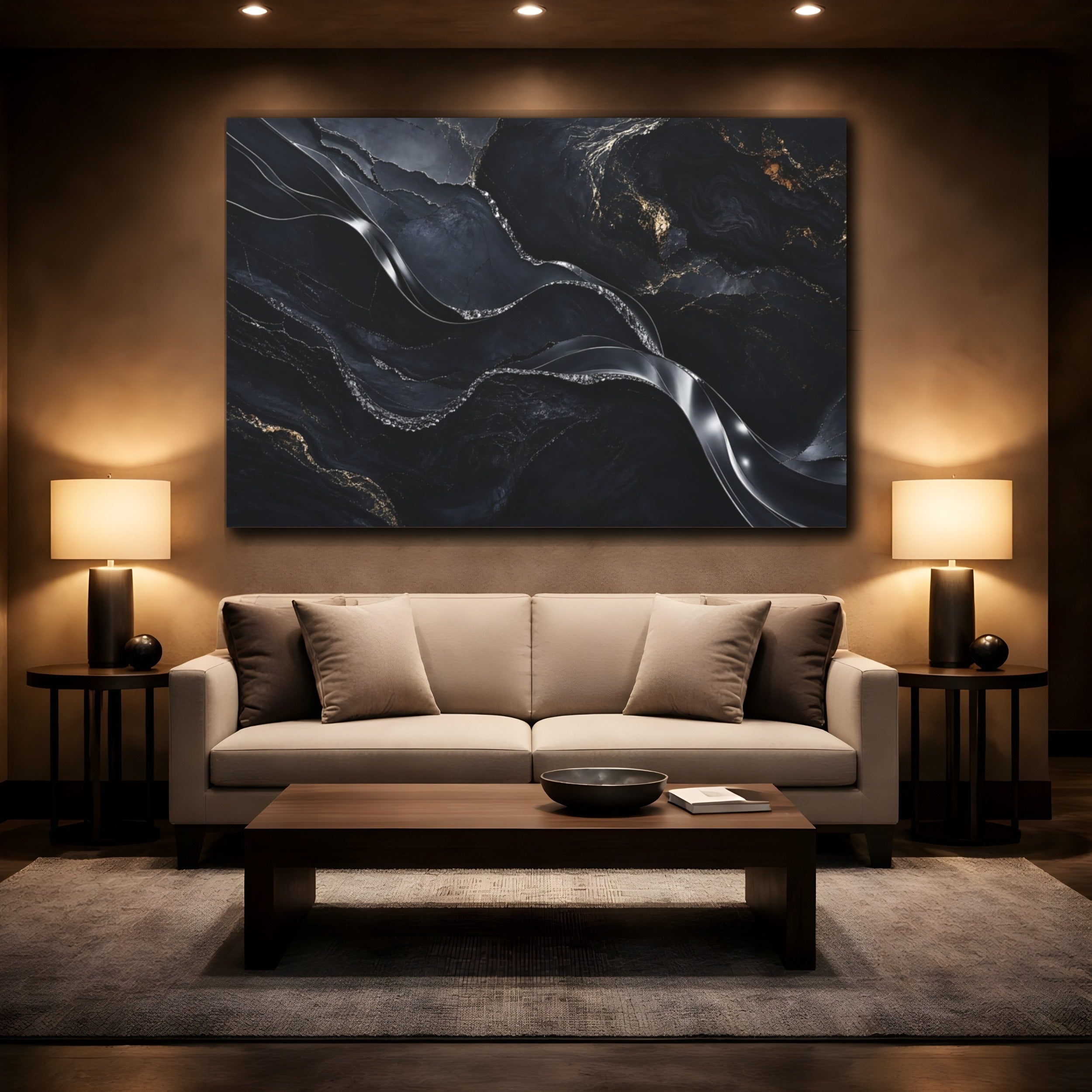 Mockup 2. Abstract Marble Veins Black And Gold shown as stretched canvas wall art