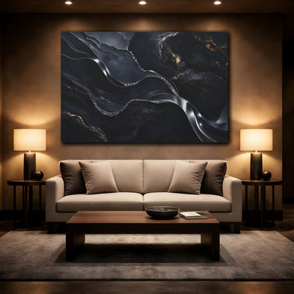 Mockup 2. Abstract Marble Veins Black And Gold shown as stretched canvas wall art