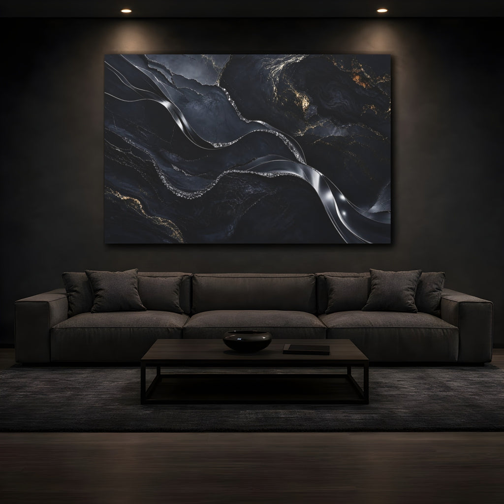 Mockup 3. Abstract Marble Veins Black And Gold shown as stretched canvas wall art