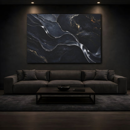 Mockup 3. Abstract Marble Veins Black And Gold shown as stretched canvas wall art