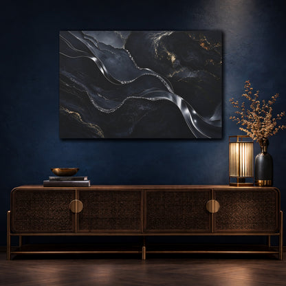Mockup 4. Abstract Marble Veins Black And Gold shown as stretched canvas wall art