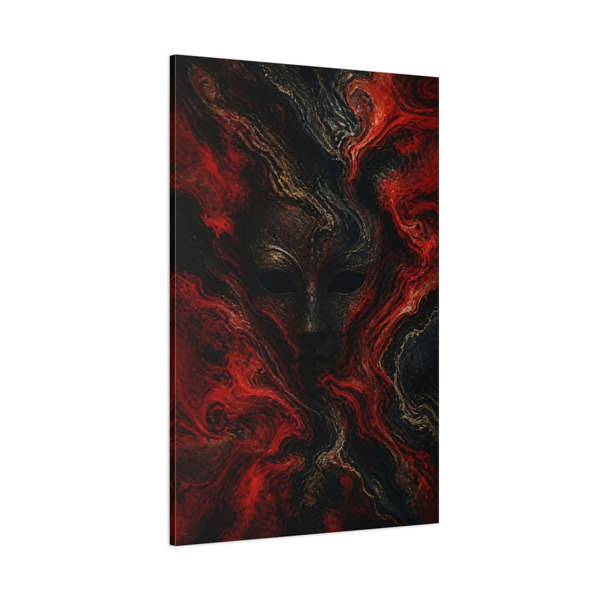 Side Mockup 1. Abstract Masked Face In Red shown as canvas print
