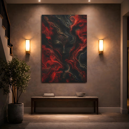 Mockup 2. Abstract Masked Face In Red shown as canvas print