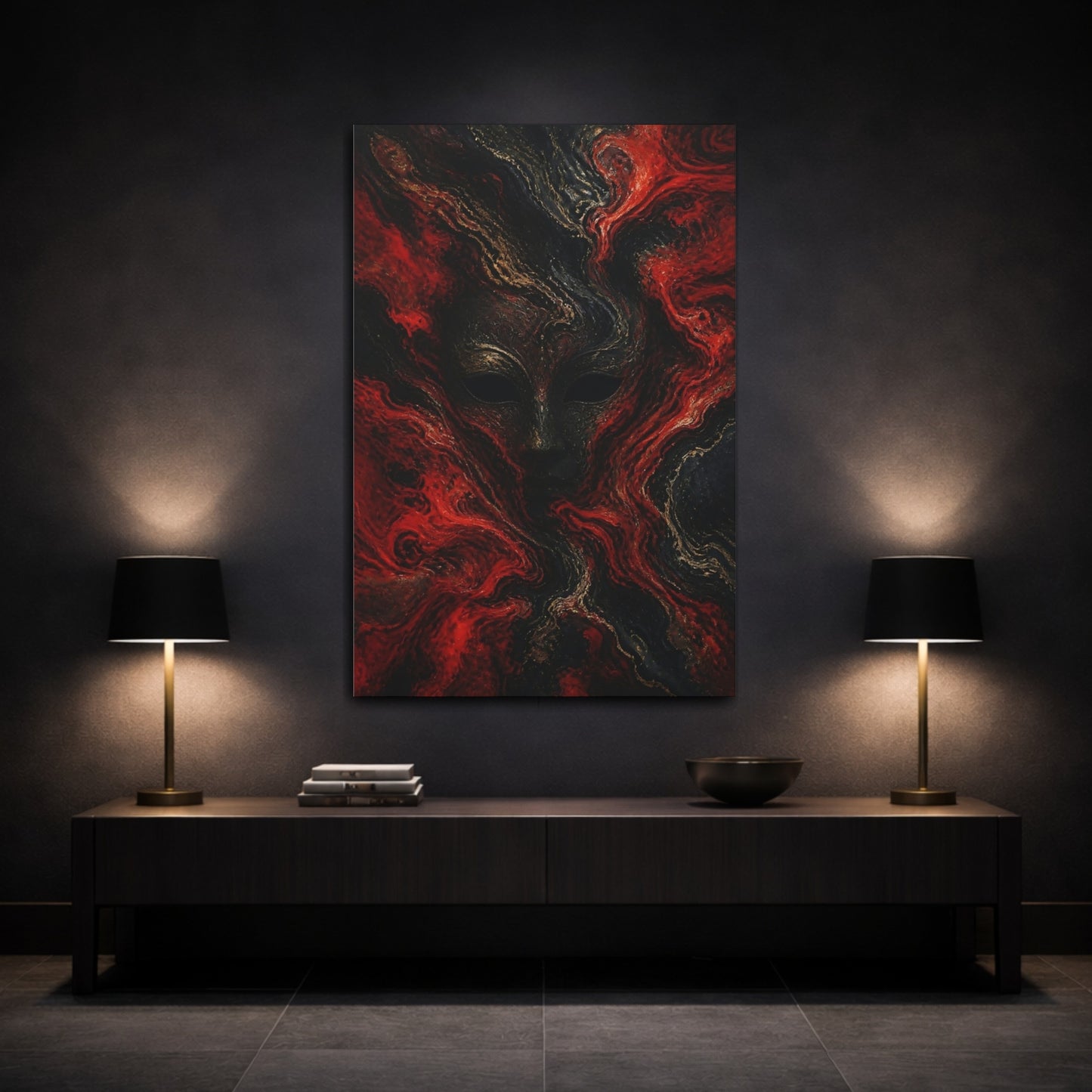 Mockup 3. Abstract Masked Face In Red shown as canvas print