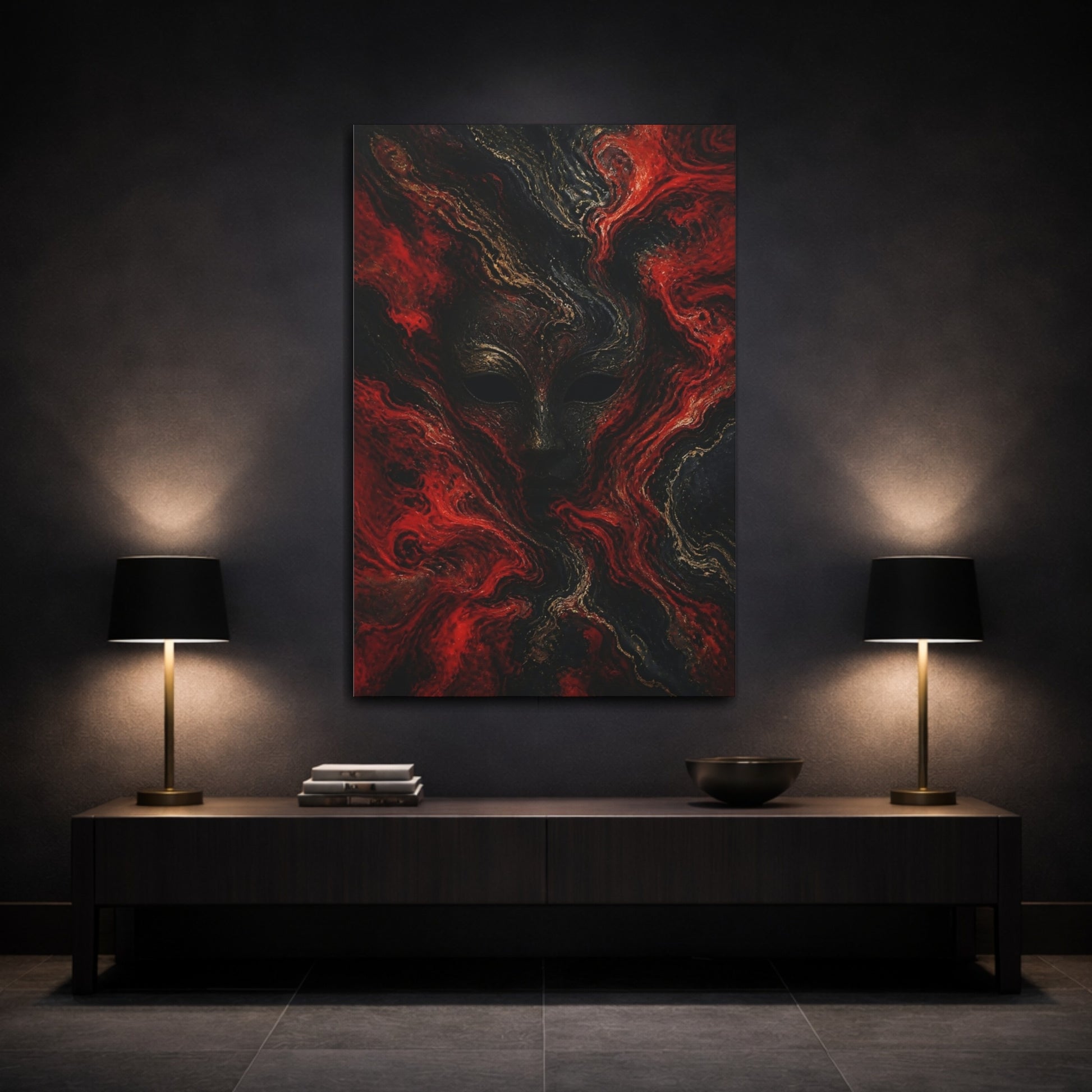 Mockup 3. Abstract Masked Face In Red shown as canvas print