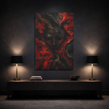 Mockup 3. Abstract Masked Face In Red shown as canvas print