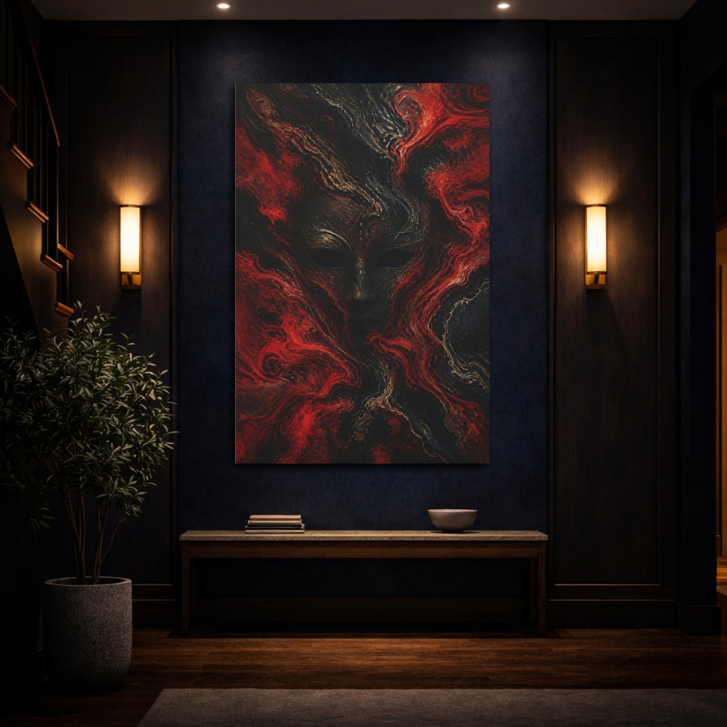 Mockup 4. Abstract Masked Face In Red shown as canvas print