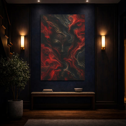 Mockup 4. Abstract Masked Face In Red shown as canvas print