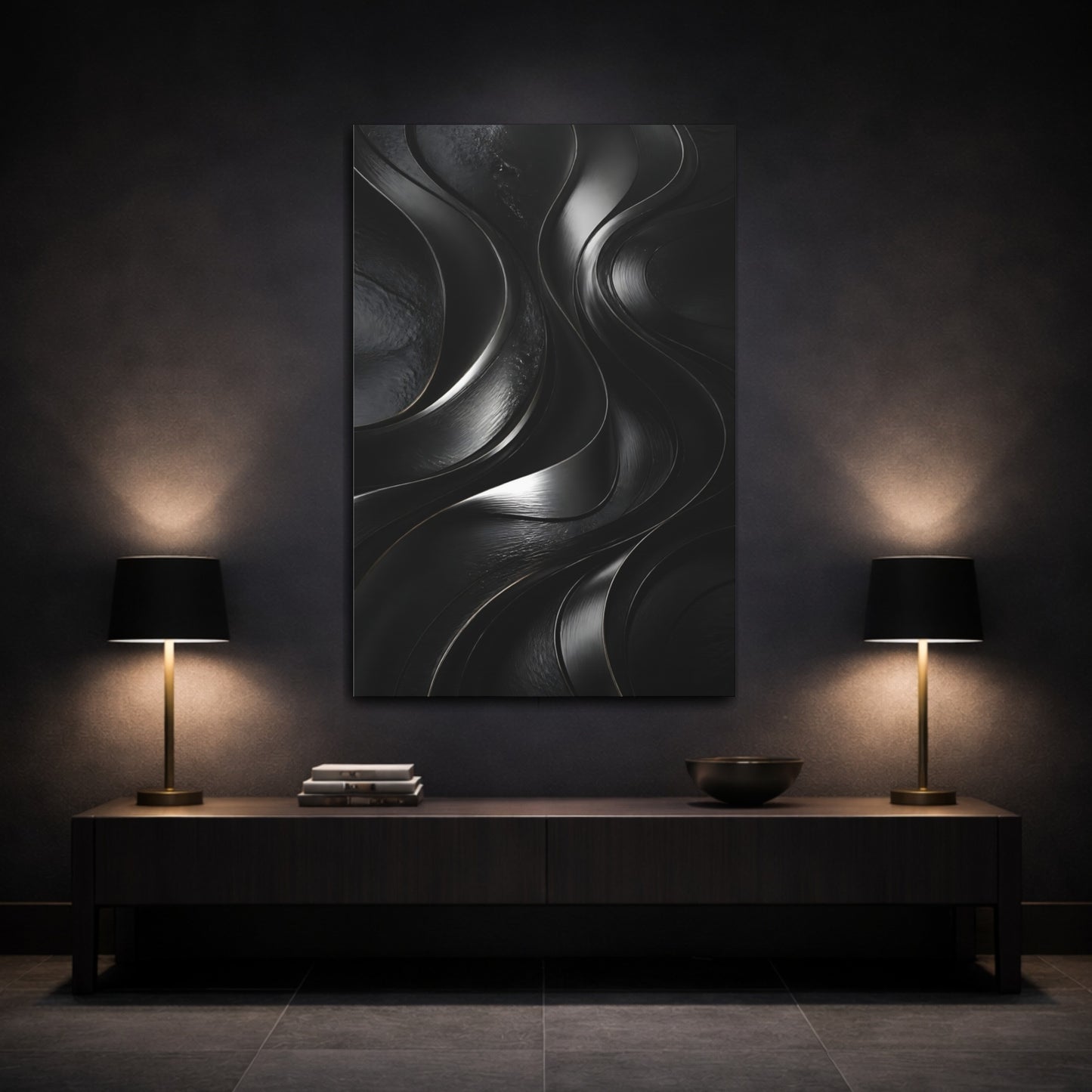 Mockup 3. Abstract Metal Ribbon Flow shown as canvas print