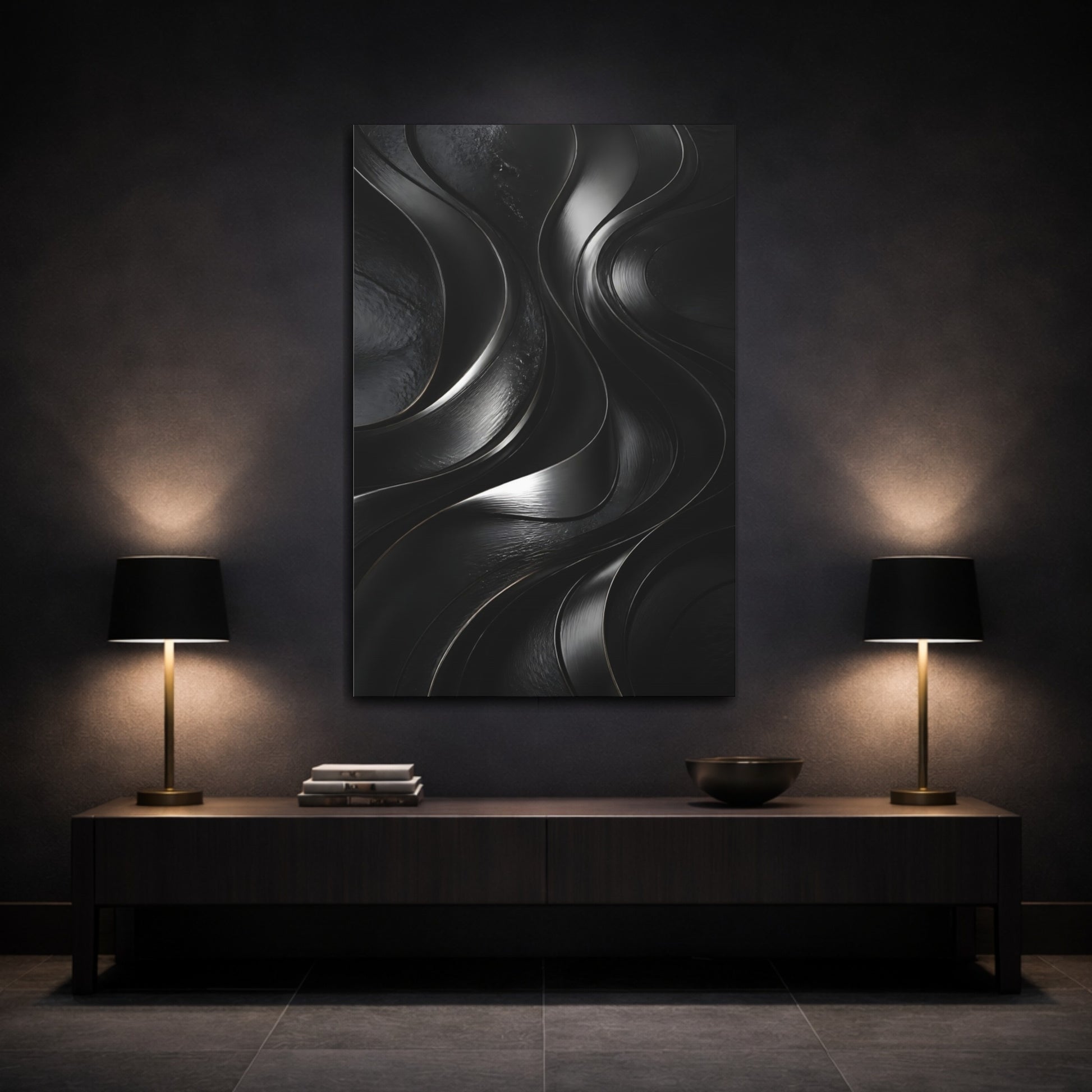 Mockup 3. Abstract Metal Ribbon Flow shown as canvas print