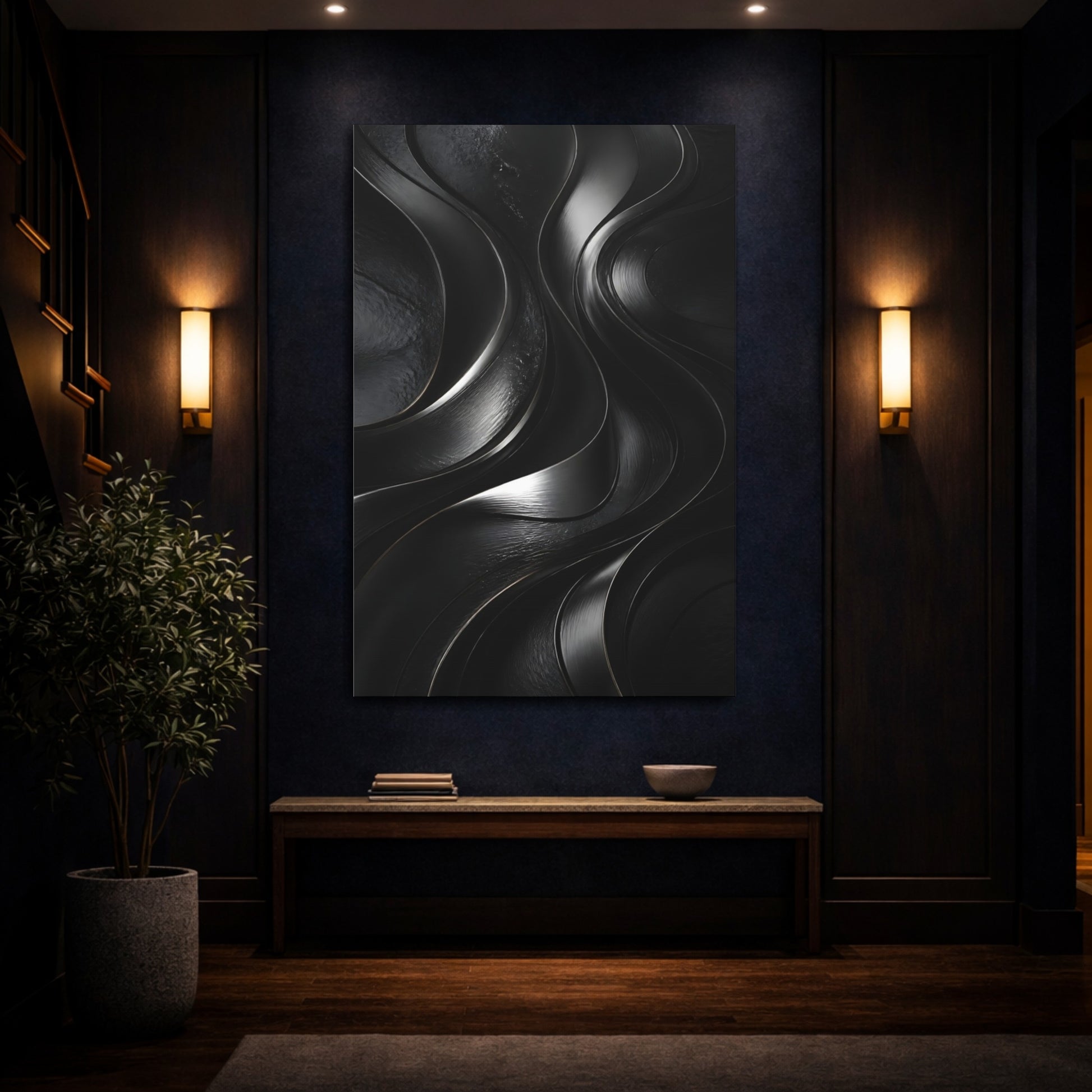 Mockup 4. Abstract Metal Ribbon Flow shown as canvas print