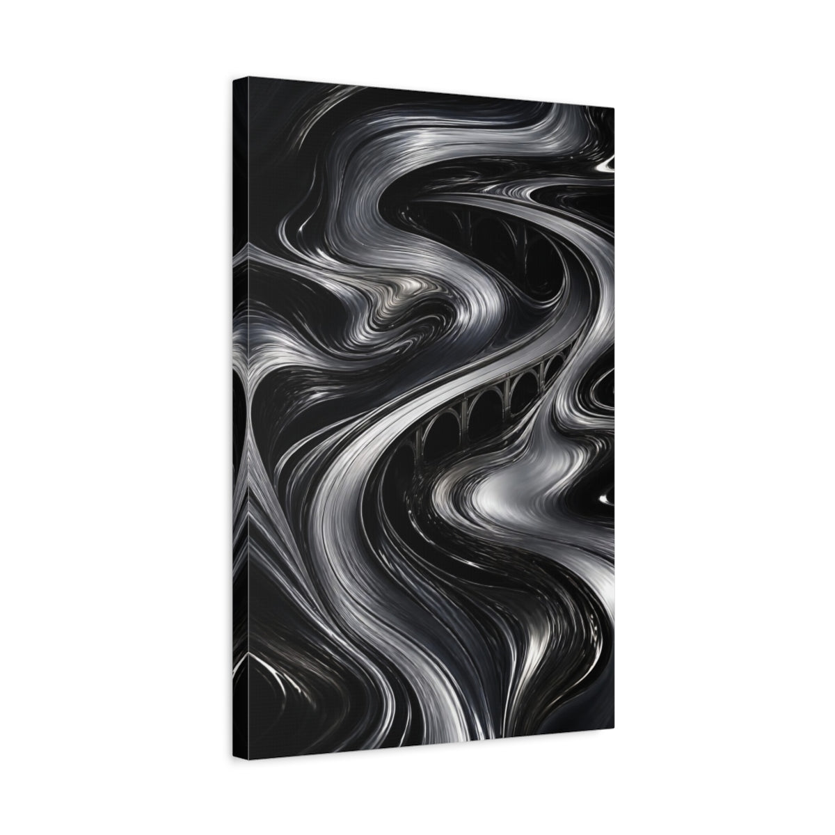 Side Mockup 3. Abstract Metallic Bridge Flow shown as canvas print