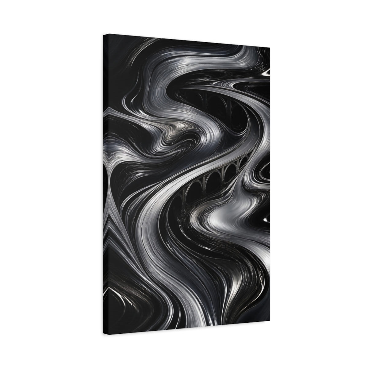 Side Mockup 2. Abstract Metallic Bridge Flow shown as canvas print