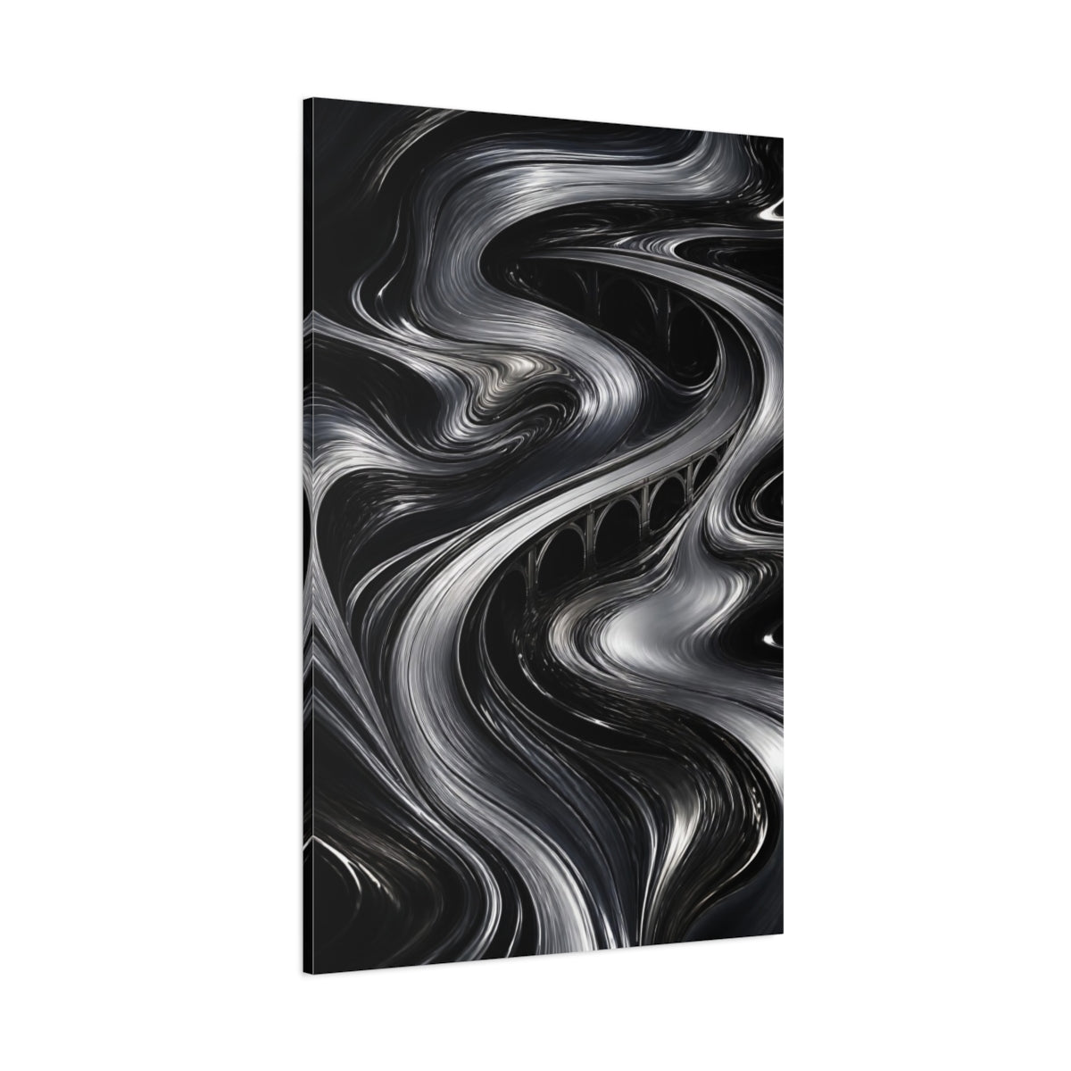Side Mockup 1. Abstract Metallic Bridge Flow shown as canvas print
