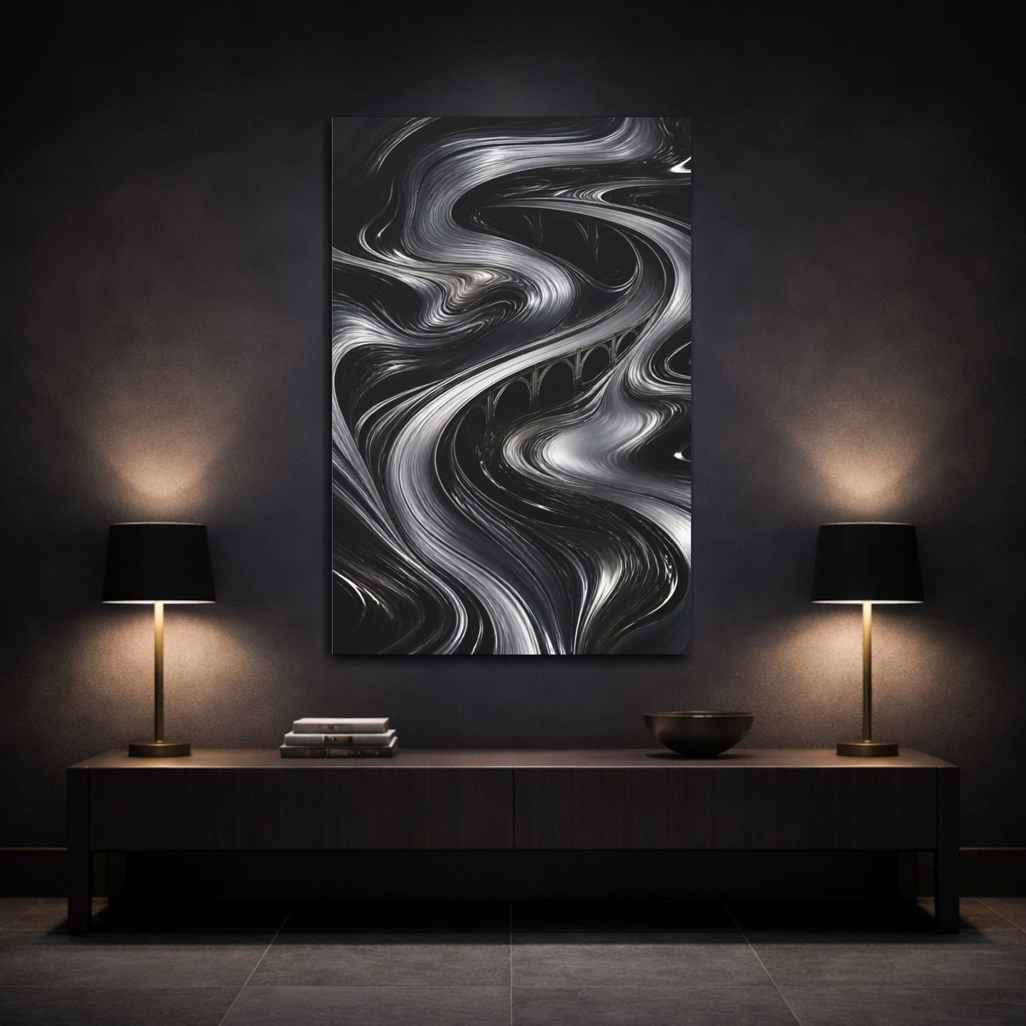 Mockup 3. Abstract Metallic Bridge Flow shown as canvas print