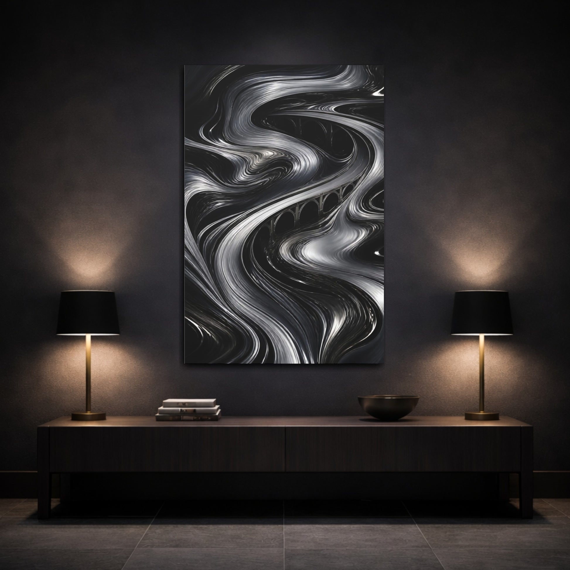 Mockup 3. Abstract Metallic Bridge Flow shown as canvas print