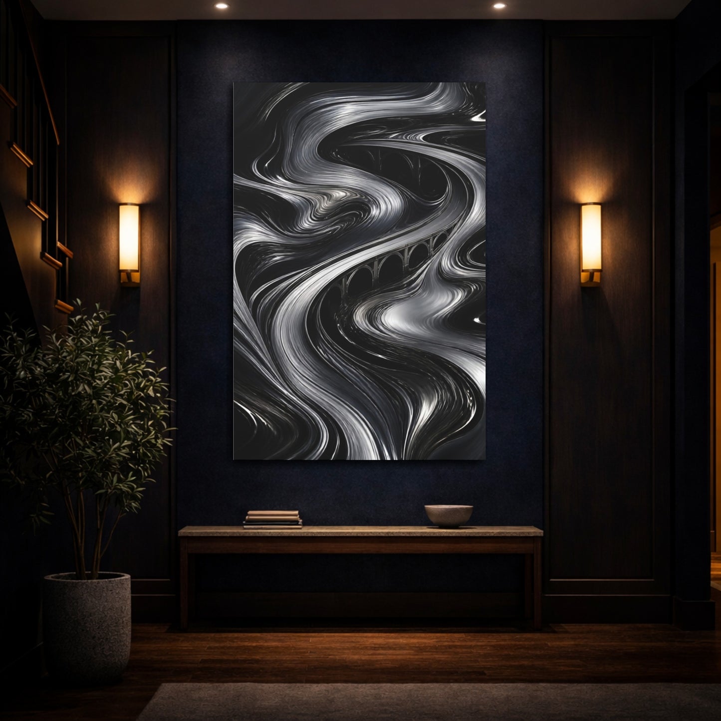 Mockup 4. Abstract Metallic Bridge Flow shown as canvas print