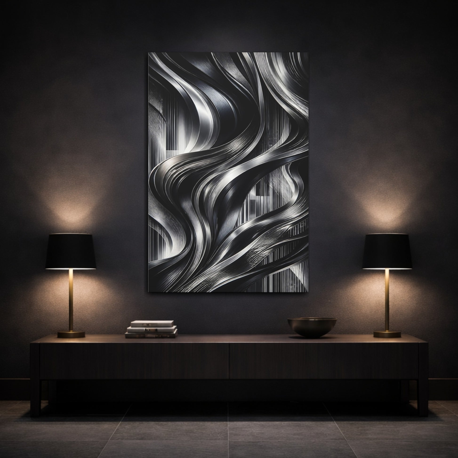 Mockup 3. Abstract Metallic Ribbons shown as canvas print