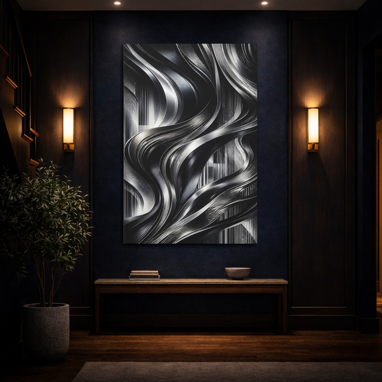 Mockup 4. Abstract Metallic Ribbons shown as canvas print
