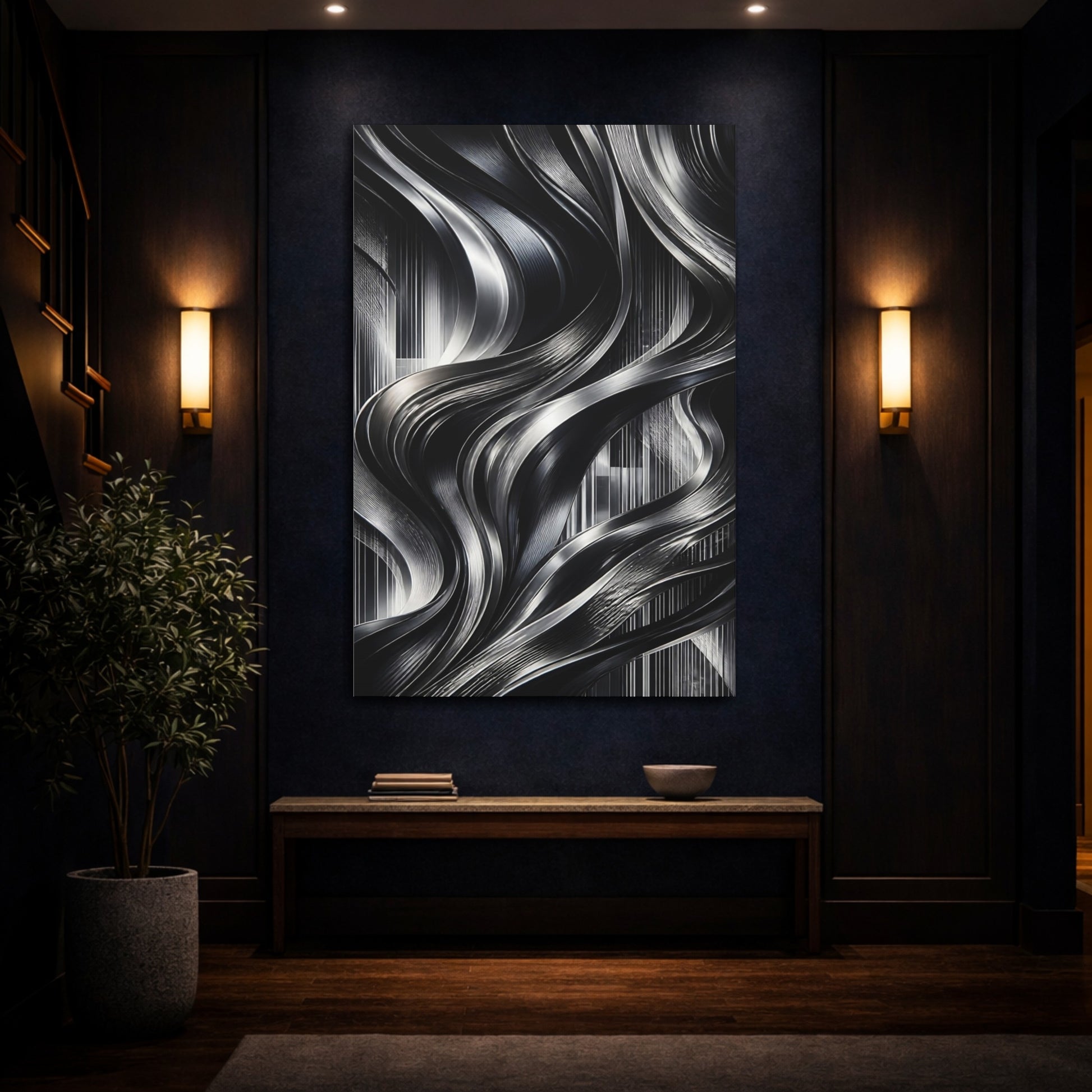 Mockup 4. Abstract Metallic Ribbons shown as canvas print