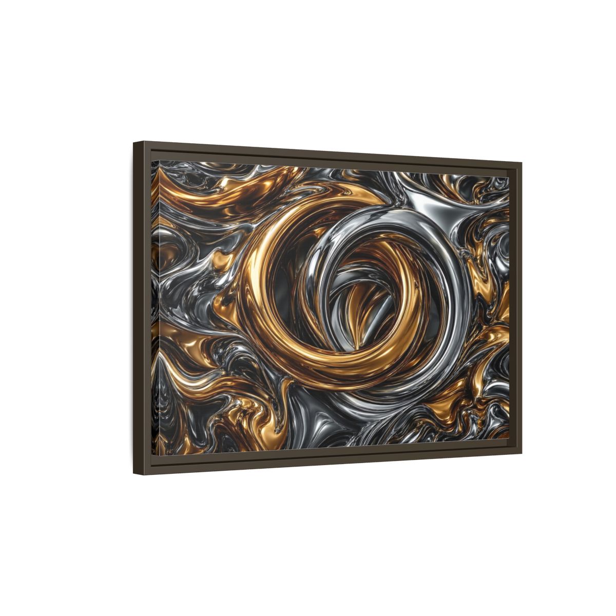Side Mockup 2. Abstract Metallic Swirls Gold And Silver shown as stretched canvas wall art