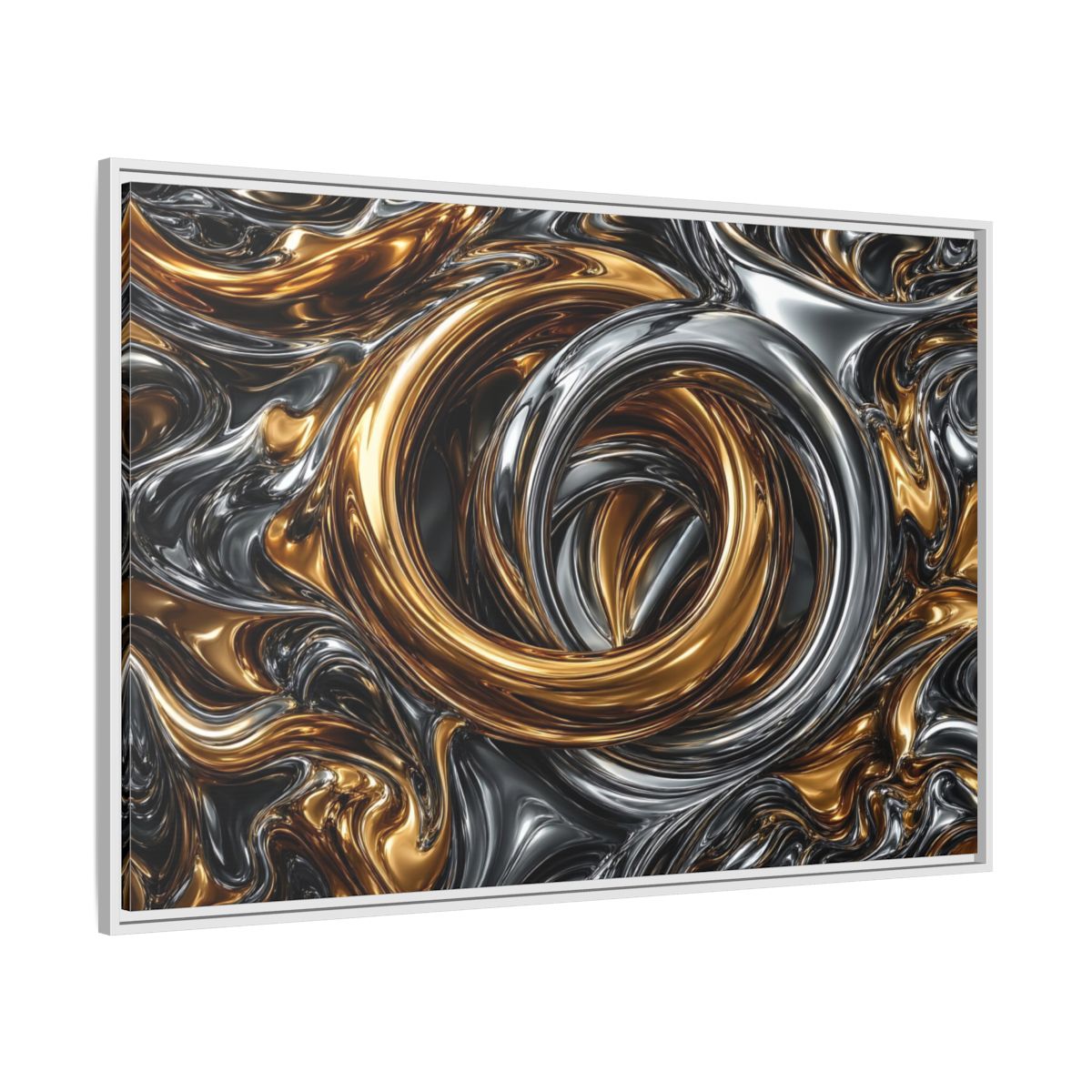 Side Mockup 7. Abstract Metallic Swirls Gold And Silver shown as stretched canvas wall art