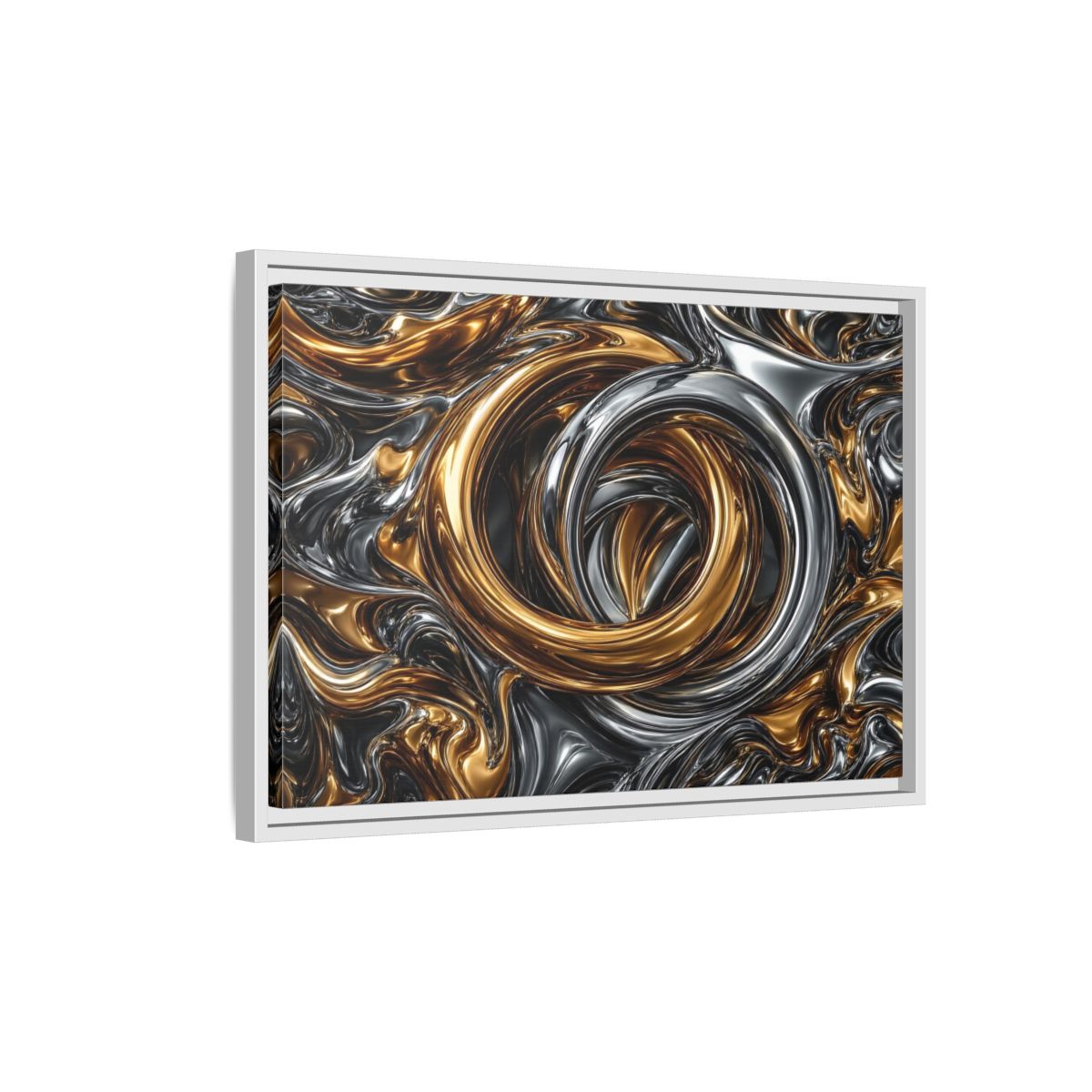 Side Mockup 1. Abstract Metallic Swirls Gold And Silver shown as stretched canvas wall art