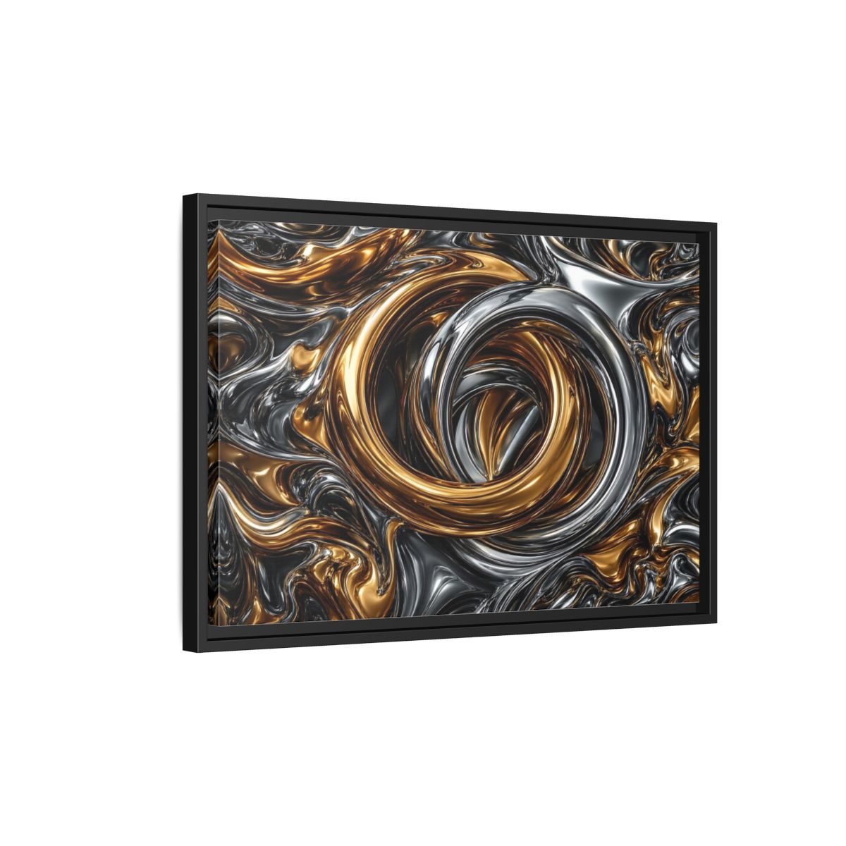 Side Mockup 3. Abstract Metallic Swirls Gold And Silver shown as stretched canvas wall art