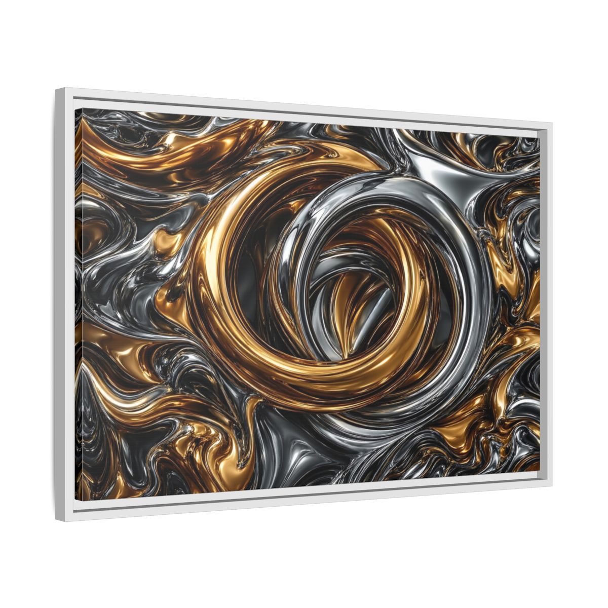 Side Mockup 10. Abstract Metallic Swirls Gold And Silver shown as stretched canvas wall art