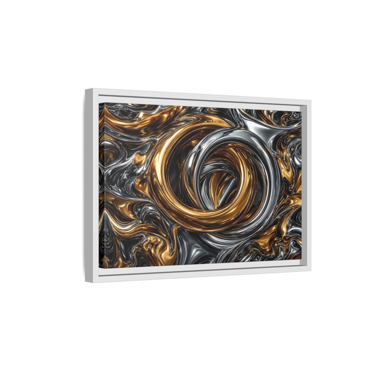 Side Mockup 4. Abstract Metallic Swirls Gold And Silver shown as stretched canvas wall art