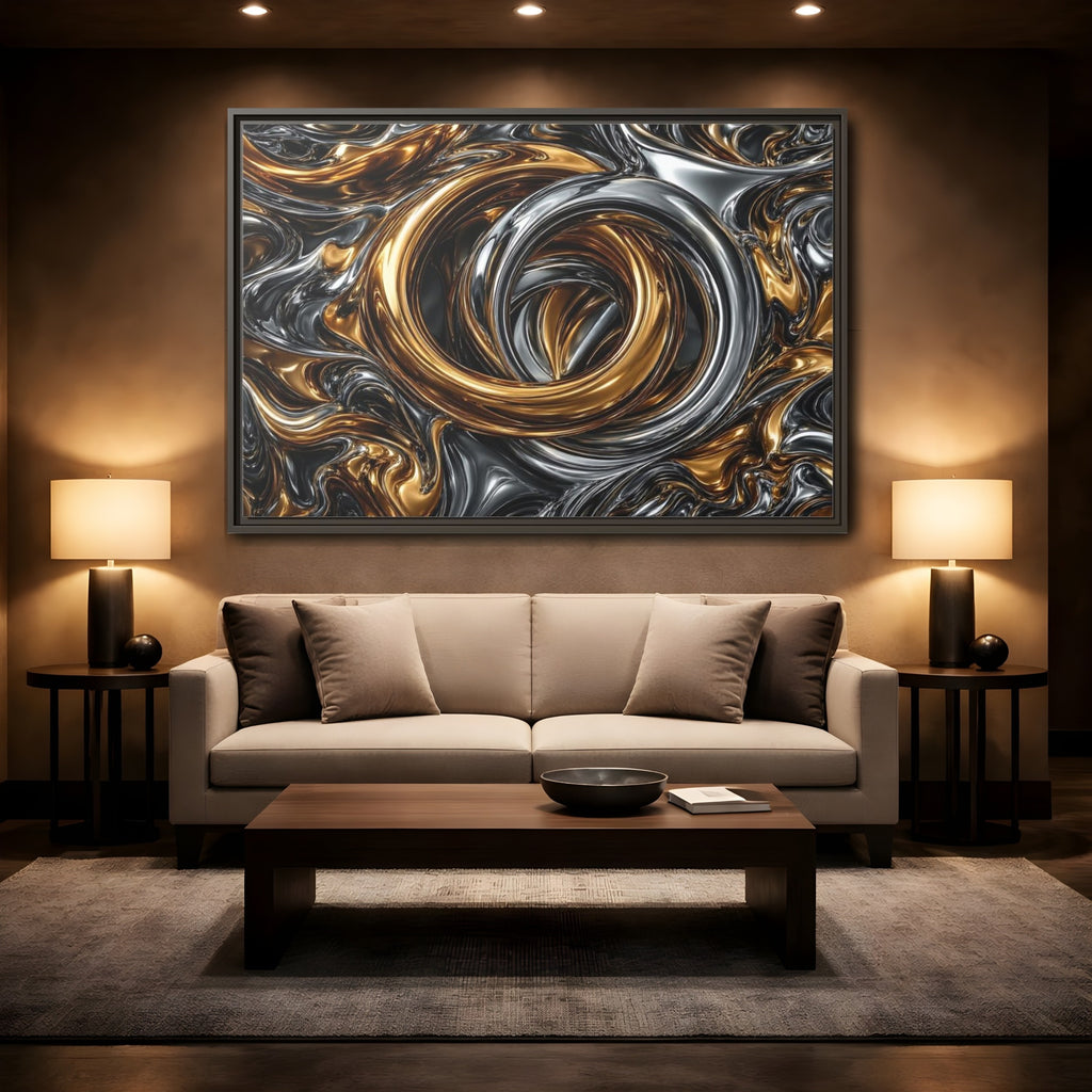 Mockup 2. Abstract Metallic Swirls Gold And Silver shown as stretched canvas wall art