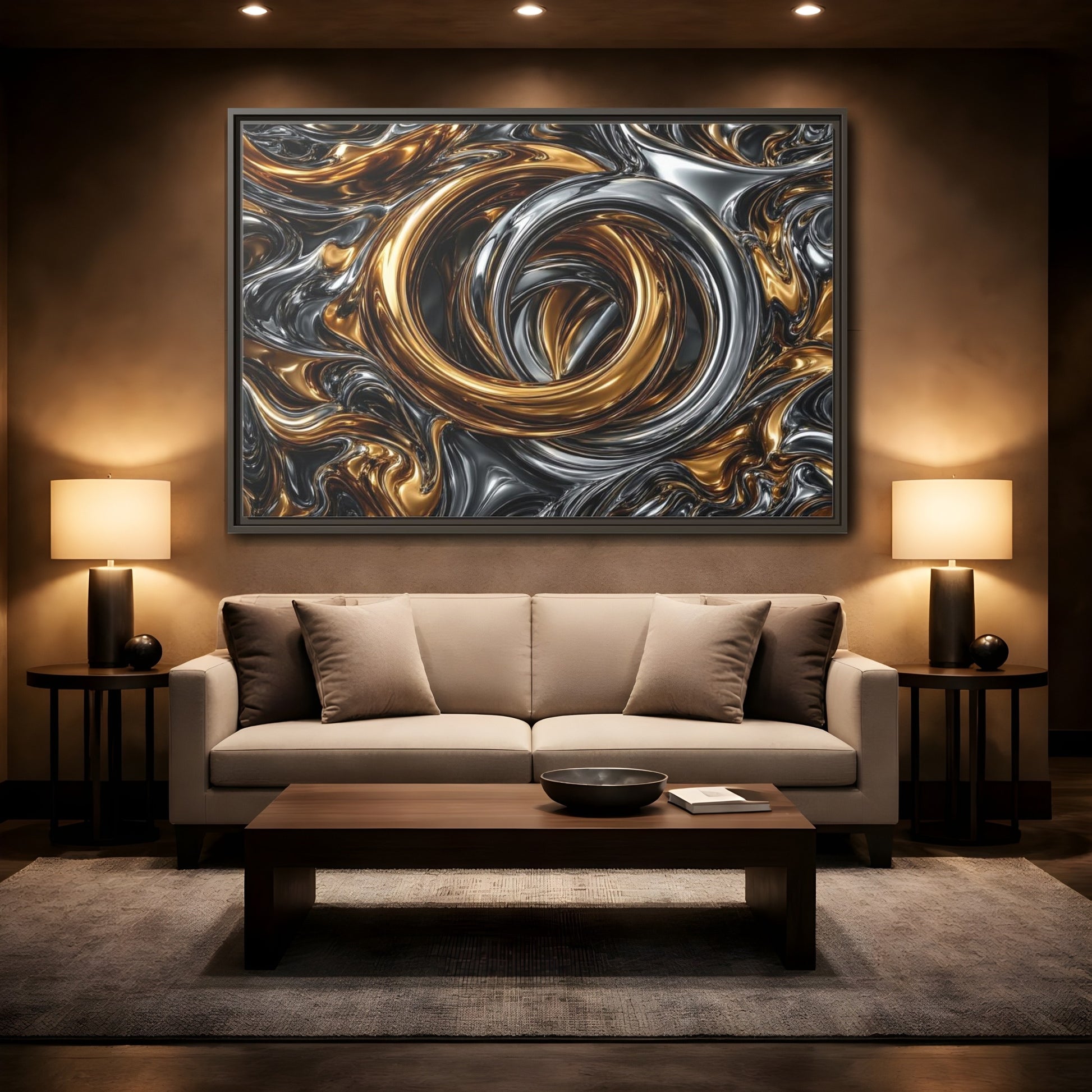 Mockup 2. Abstract Metallic Swirls Gold And Silver shown as stretched canvas wall art