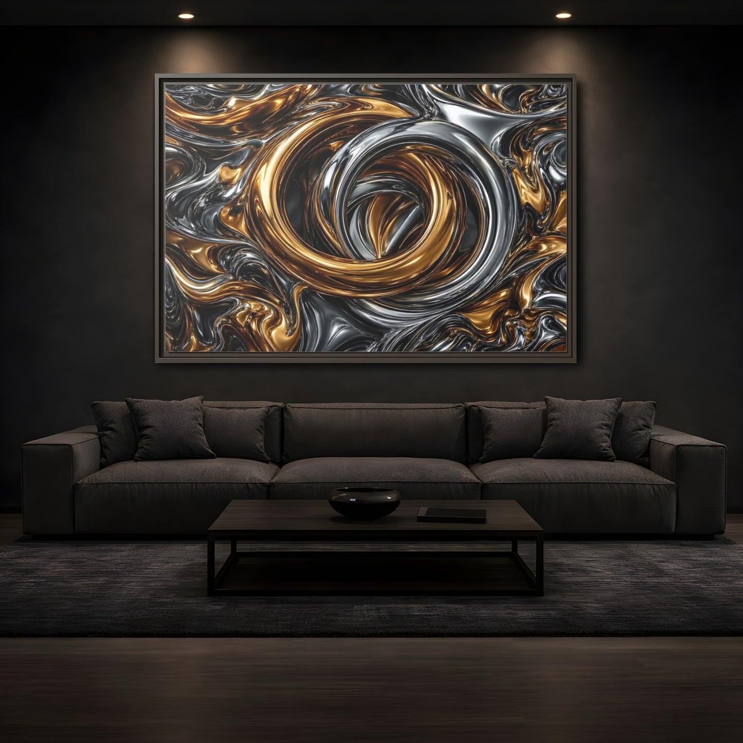 Mockup 3. Abstract Metallic Swirls Gold And Silver shown as stretched canvas wall art