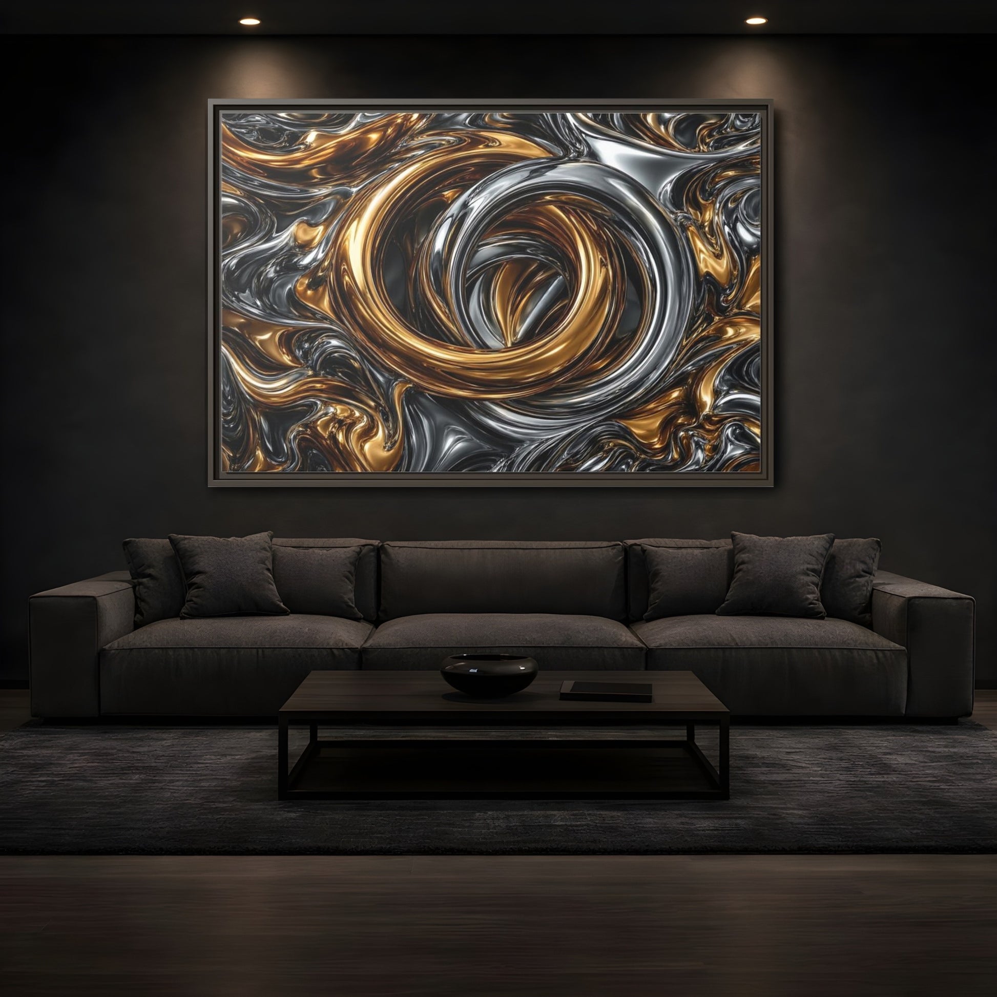 Mockup 3. Abstract Metallic Swirls Gold And Silver shown as stretched canvas wall art