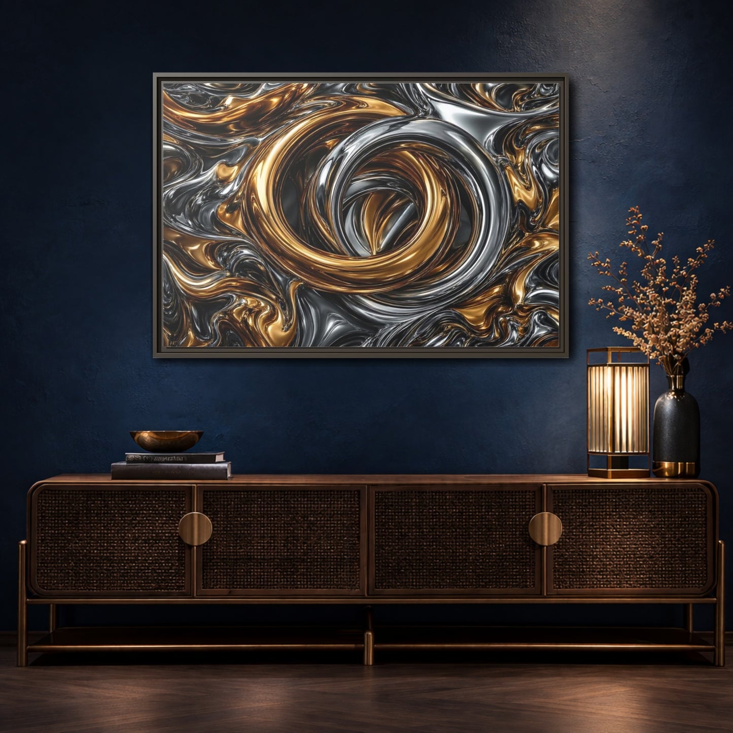 Mockup 4. Abstract Metallic Swirls Gold And Silver shown as stretched canvas wall art