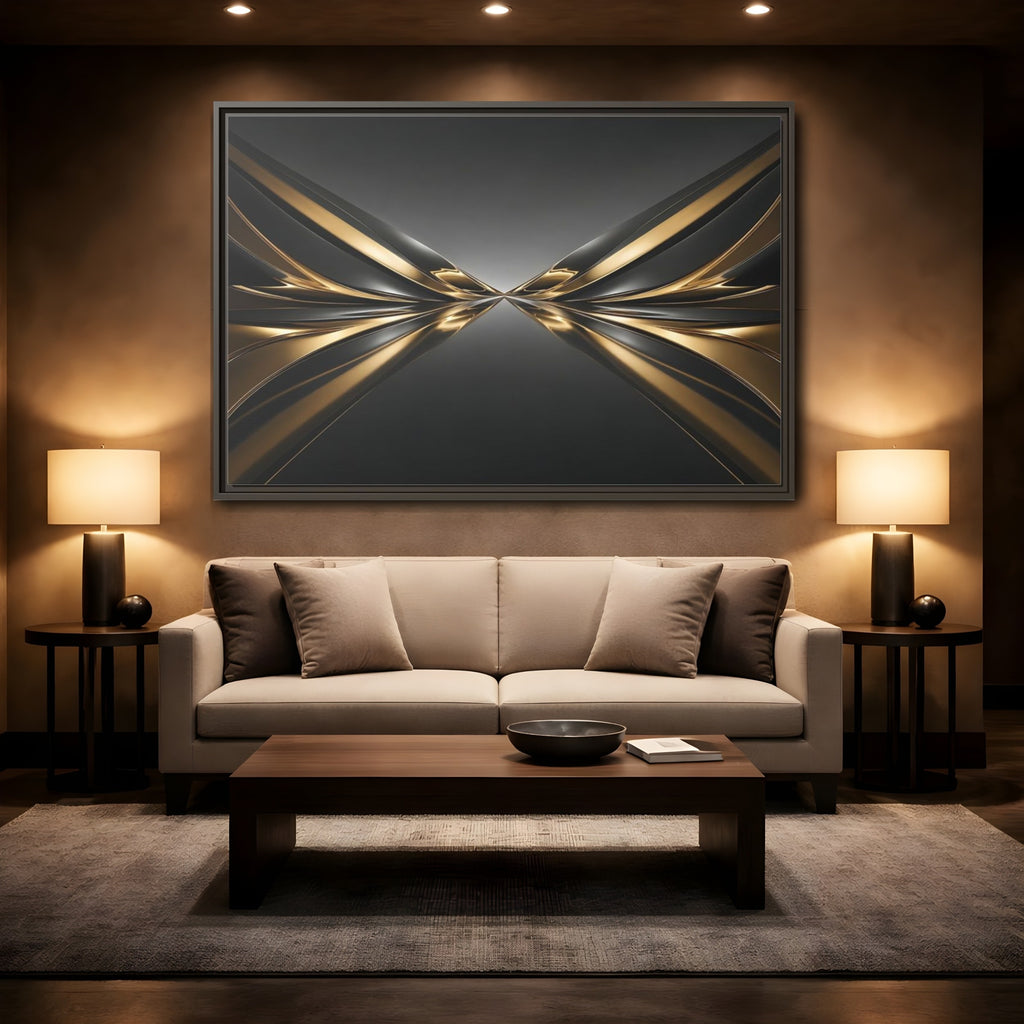 Mockup 2. Abstract Metallic Waves Black And Gold Abstract shown as stretched canvas wall art