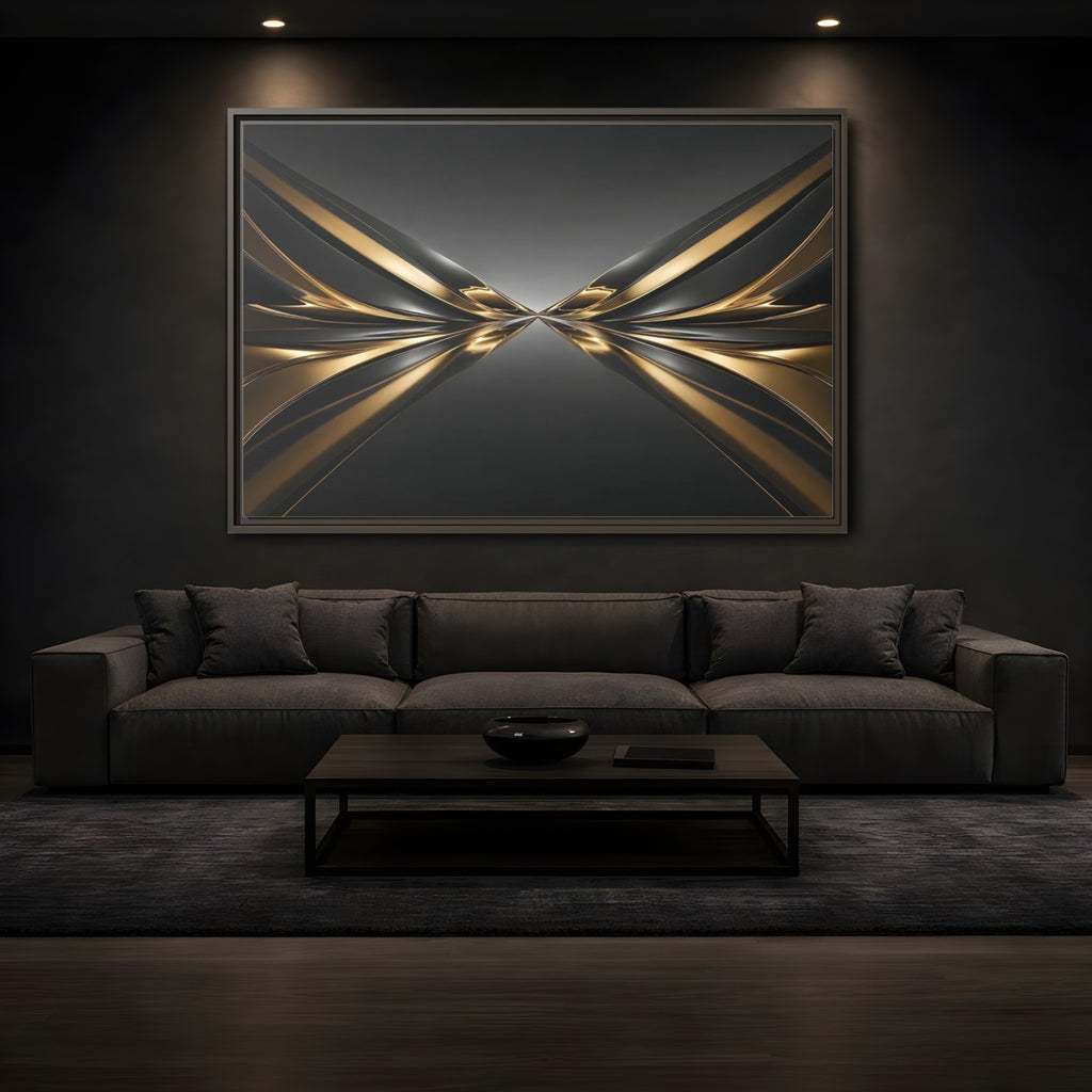 Mockup 3. Abstract Metallic Waves Black And Gold Abstract shown as stretched canvas wall art