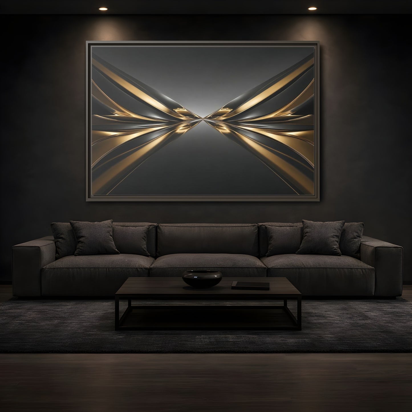 Mockup 3. Abstract Metallic Waves Black And Gold Abstract shown as stretched canvas wall art