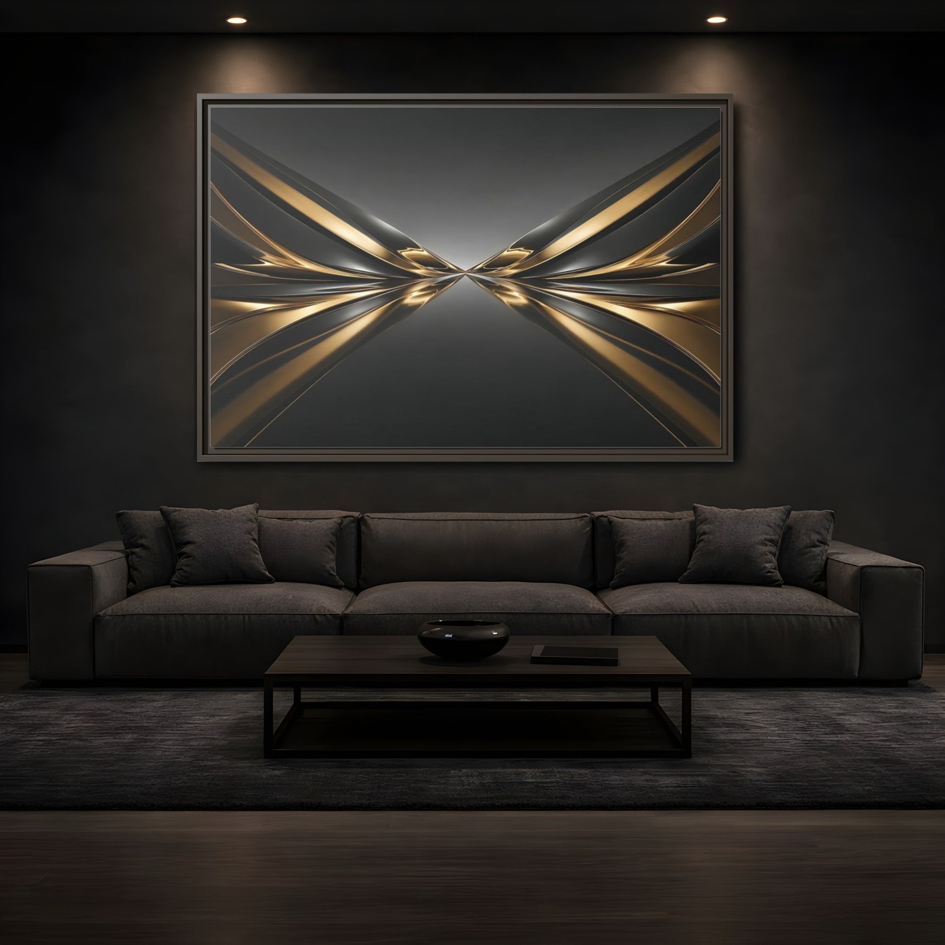 Mockup 3. Abstract Metallic Waves Black And Gold Abstract shown as stretched canvas wall art