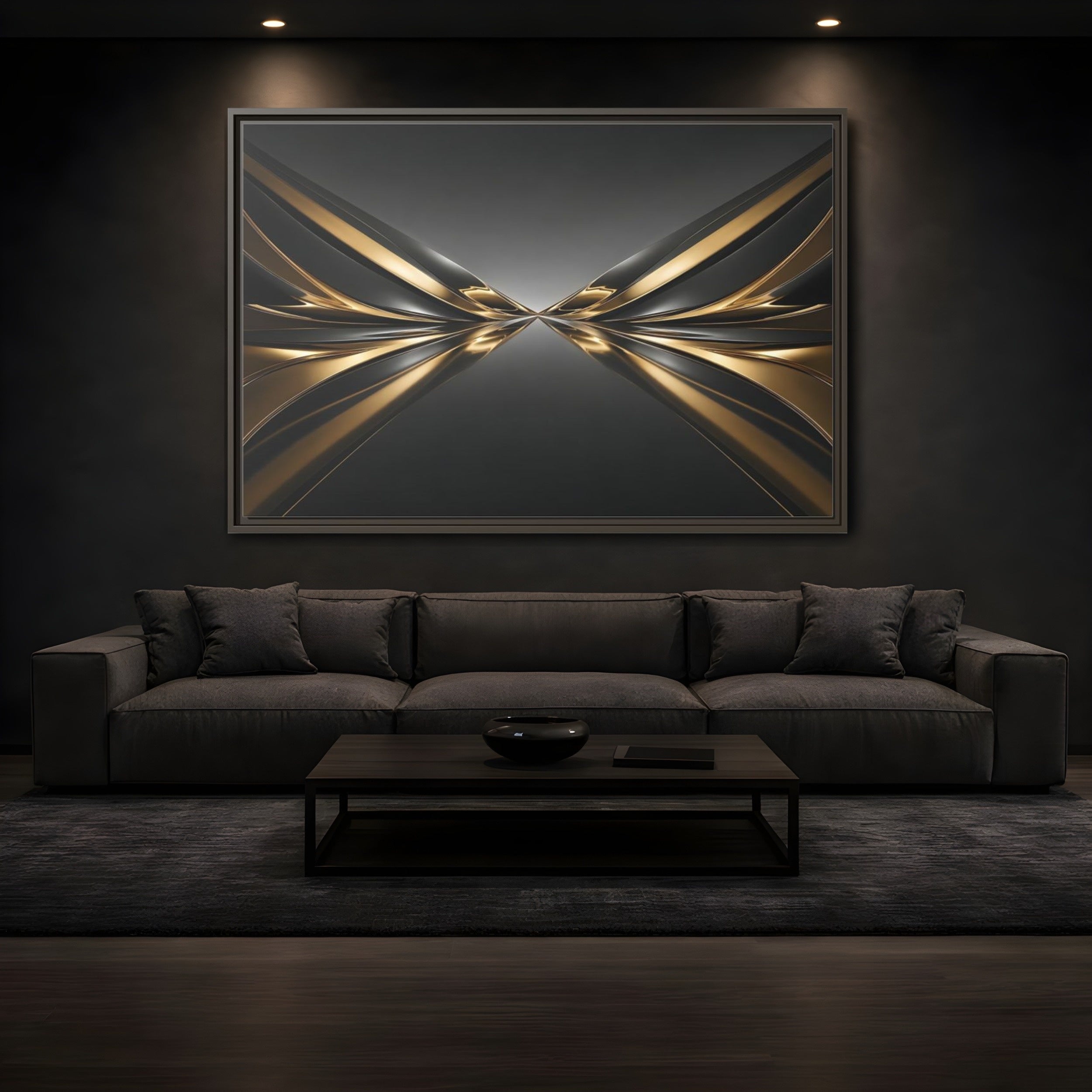 Mockup 3. Abstract Metallic Waves Black And Gold Abstract shown as stretched canvas wall art
