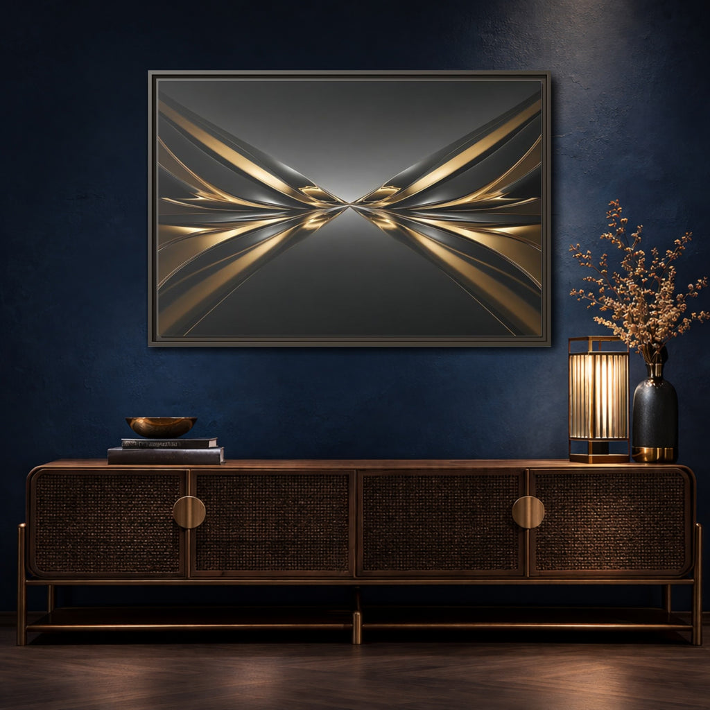 Mockup 4. Abstract Metallic Waves Black And Gold Abstract shown as stretched canvas wall art
