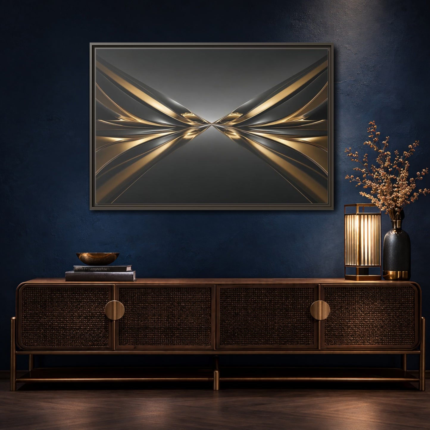 Mockup 4. Abstract Metallic Waves Black And Gold Abstract shown as stretched canvas wall art