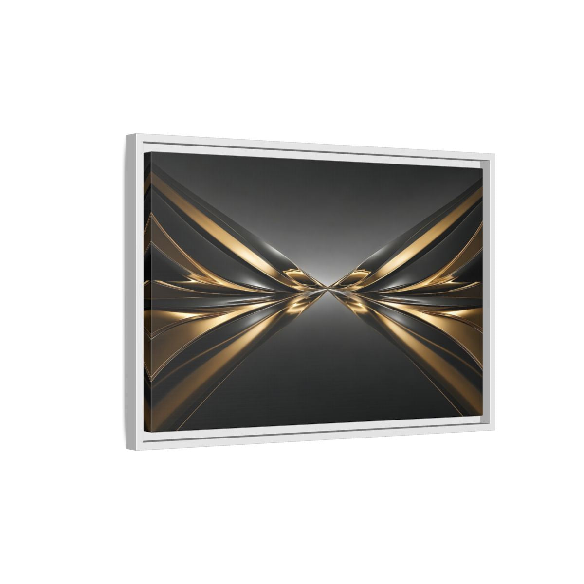 Side Mockup 1. Abstract Metallic Waves Black And Gold Abstract shown as stretched canvas wall art
