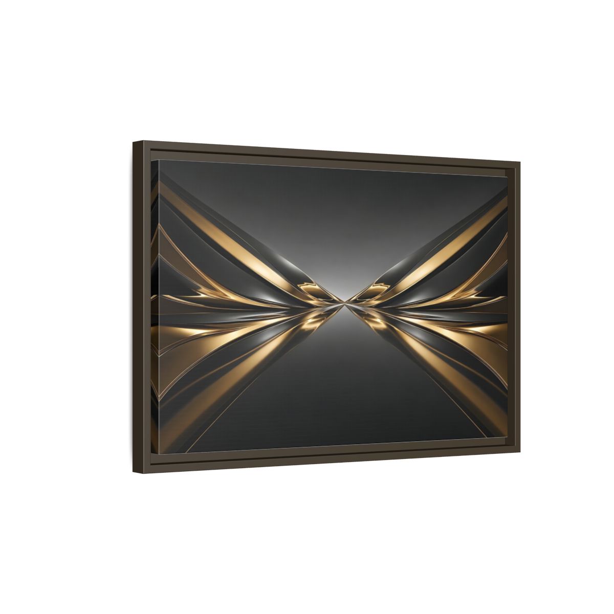 Side Mockup 2. Abstract Metallic Waves Black And Gold Abstract shown as stretched canvas wall art