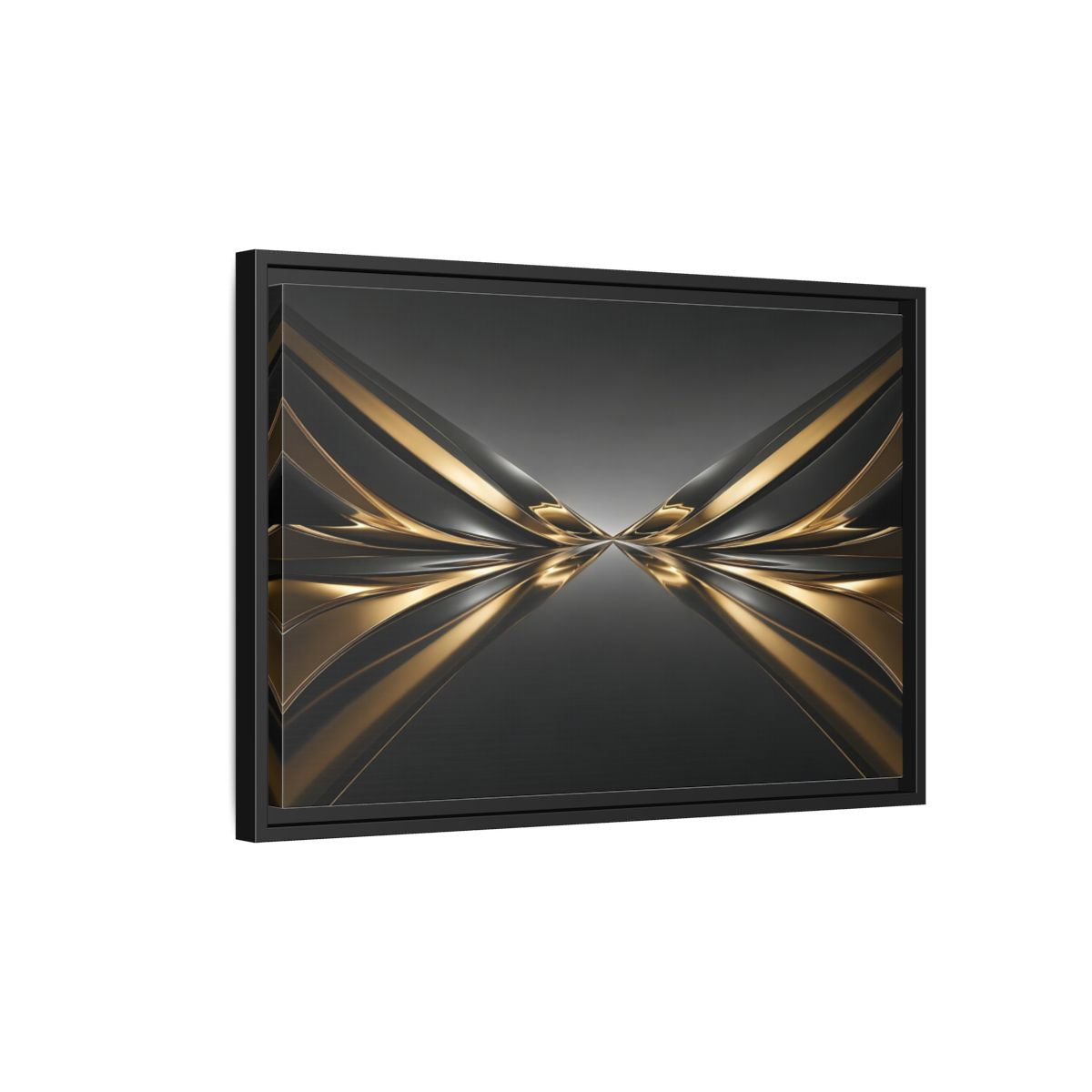 Side Mockup 3. Abstract Metallic Waves Black And Gold Abstract shown as stretched canvas wall art