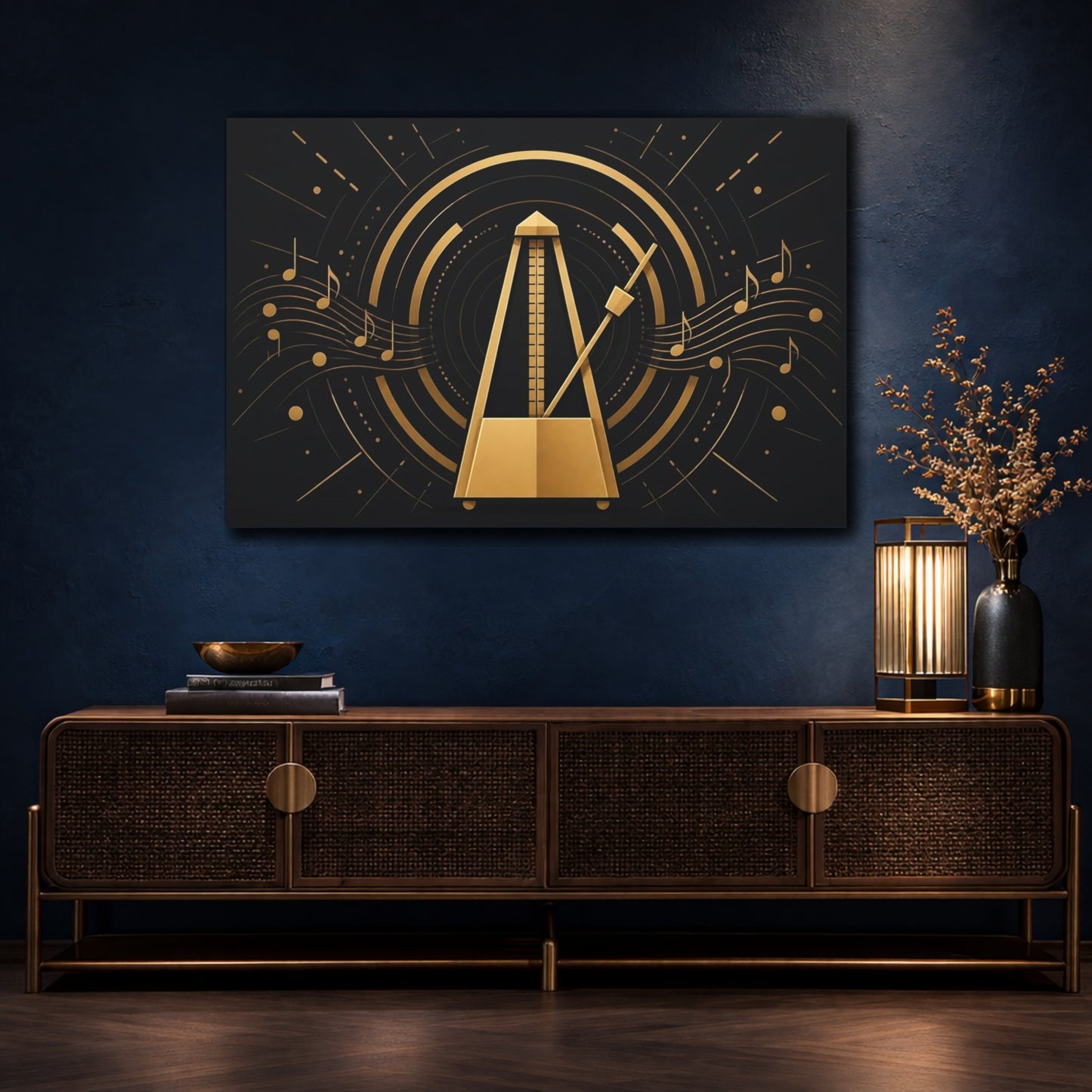 Mockup 4. Abstract Metronome Golden Metronome shown as canvas print